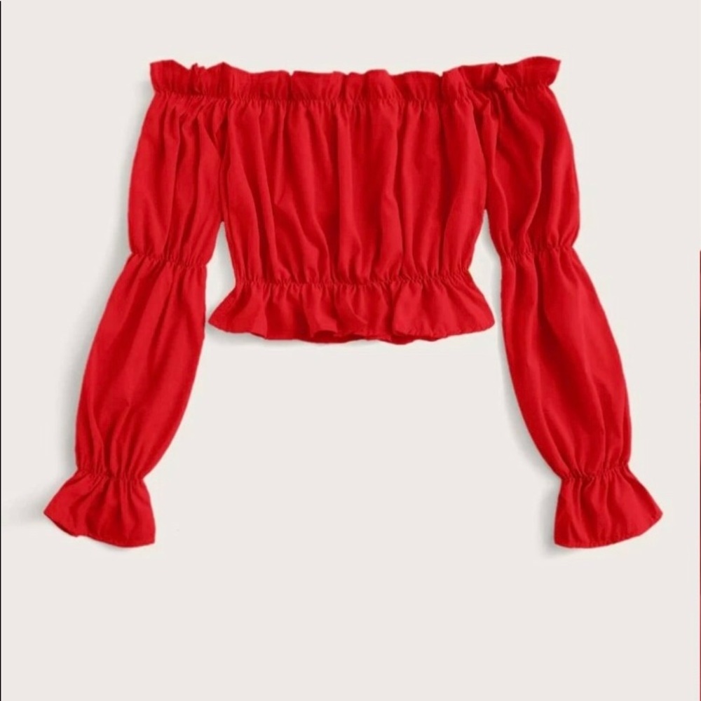 Red cropped drop sleeve shirt